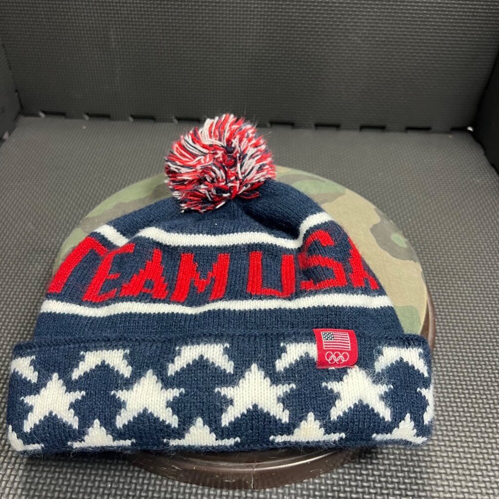 Team USA Winter Olympics Knit Pom Beanie Navy Red White Stars Acrylic Adult Size